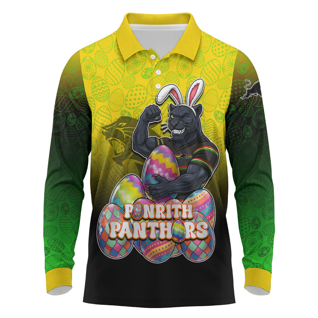 Personalized Penrith Panthers Long Sleeve Polo Shirt Easter Mascot - Colorful Eggs Cartoon Style