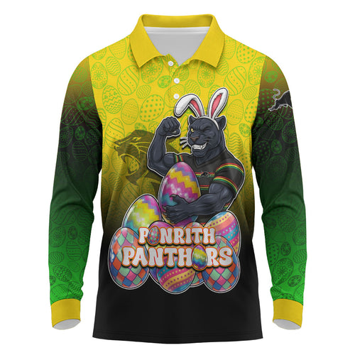 Personalized Penrith Panthers Long Sleeve Polo Shirt Easter Mascot - Colorful Eggs Cartoon Style
