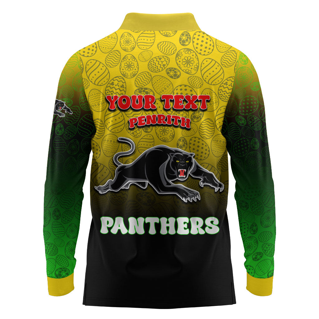 Personalized Penrith Panthers Long Sleeve Polo Shirt Easter Mascot - Colorful Eggs Cartoon Style
