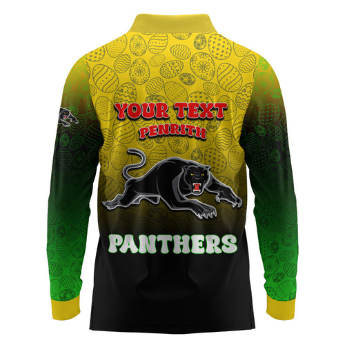 Personalized Penrith Panthers Long Sleeve Polo Shirt Easter Mascot - Colorful Eggs Cartoon Style