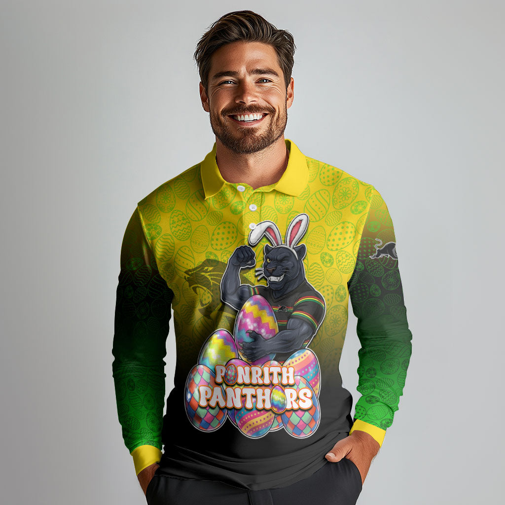 Personalized Penrith Panthers Long Sleeve Polo Shirt Easter Mascot - Colorful Eggs Cartoon Style