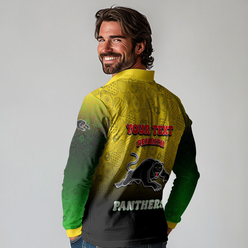 Personalized Penrith Panthers Long Sleeve Polo Shirt Easter Mascot - Colorful Eggs Cartoon Style