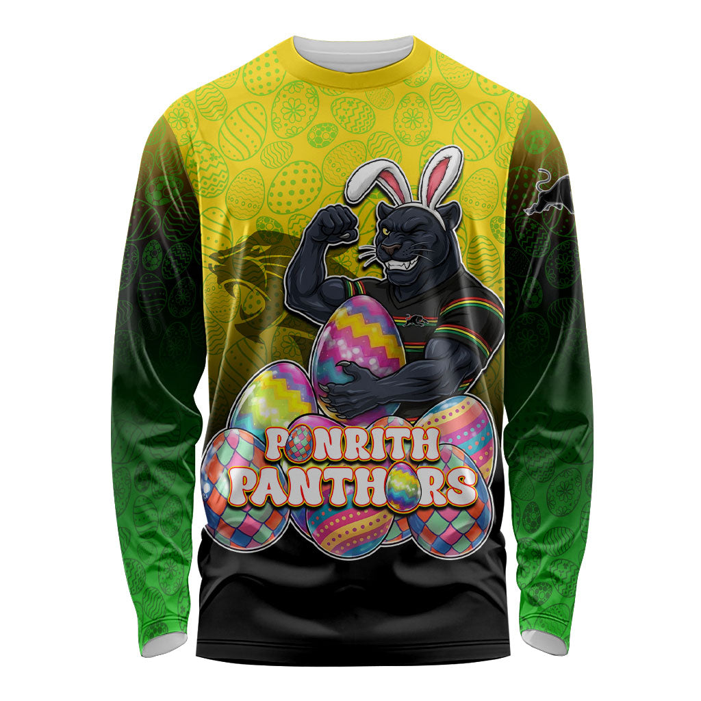 Personalized Penrith Panthers Long Sleeve Shirt Easter Mascot - Colorful Eggs Cartoon Style