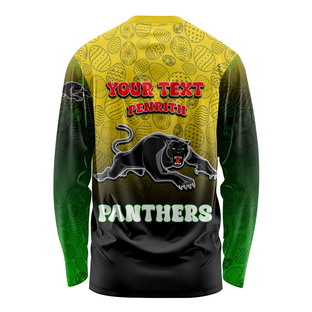 Personalized Penrith Panthers Long Sleeve Shirt Easter Mascot - Colorful Eggs Cartoon Style