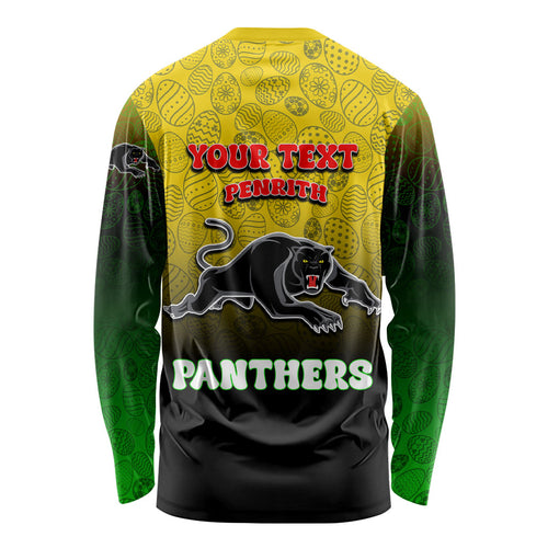 Personalized Penrith Panthers Long Sleeve Shirt Easter Mascot - Colorful Eggs Cartoon Style