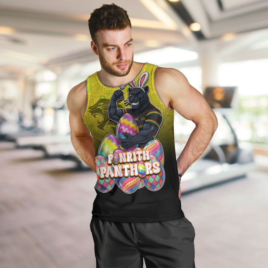 Personalized Penrith Panthers Men Tank Top Easter Mascot - Colorful Eggs Cartoon Style
