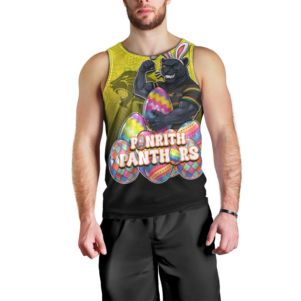 Personalized Penrith Panthers Men Tank Top Easter Mascot - Colorful Eggs Cartoon Style