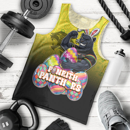 Personalized Penrith Panthers Men Tank Top Easter Mascot - Colorful Eggs Cartoon Style