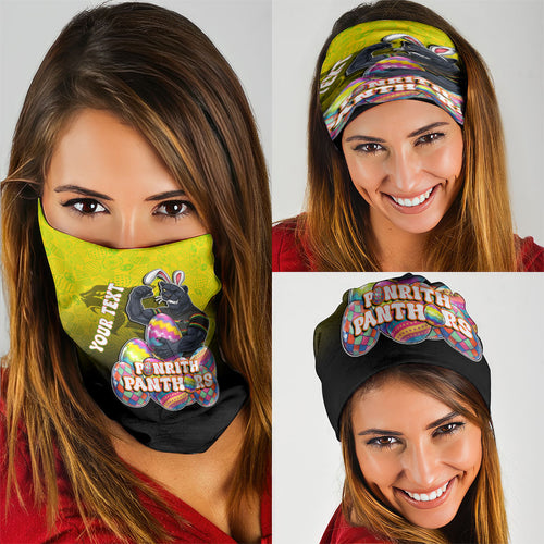 Personalized Penrith Panthers Neck Gaiter Easter Mascot - Colorful Eggs Cartoon Style