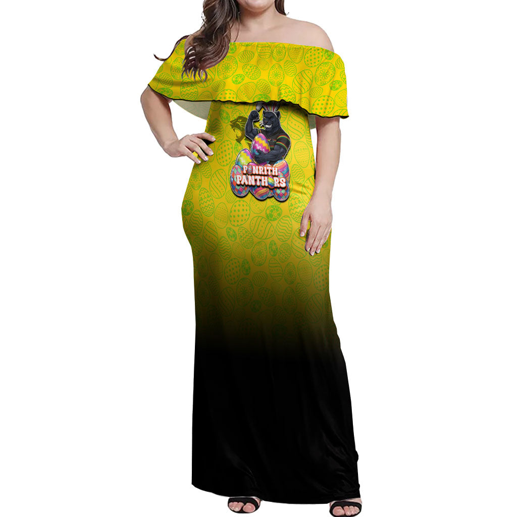 Personalized Penrith Panthers Off Shoulder Maxi Dress Easter Mascot - Colorful Eggs Cartoon Style