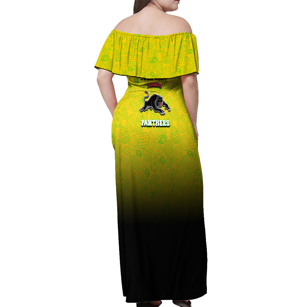 Personalized Penrith Panthers Off Shoulder Maxi Dress Easter Mascot - Colorful Eggs Cartoon Style