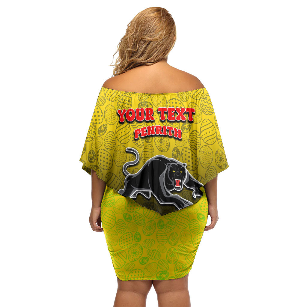Personalized Penrith Panthers Off Shoulder Short Dress Easter Mascot - Colorful Eggs Cartoon Style