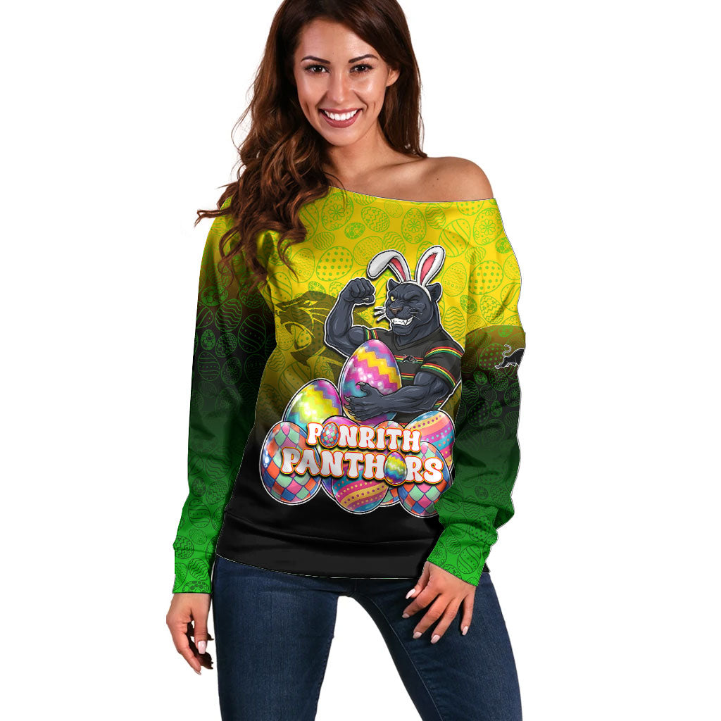 Personalized Penrith Panthers Off Shoulder Sweater Easter Mascot - Colorful Eggs Cartoon Style