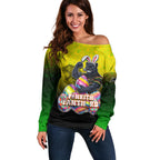 Personalized Penrith Panthers Off Shoulder Sweater Easter Mascot - Colorful Eggs Cartoon Style