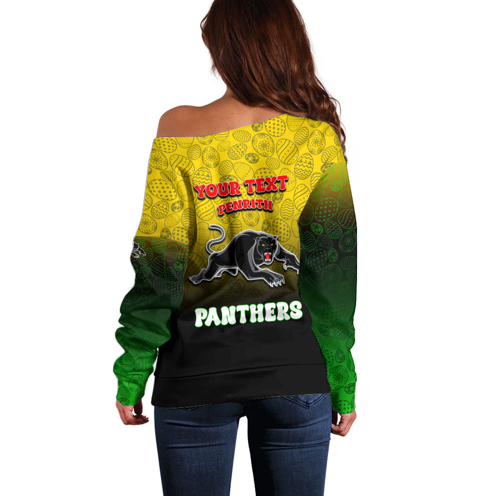 Personalized Penrith Panthers Off Shoulder Sweater Easter Mascot - Colorful Eggs Cartoon Style