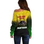 Personalized Penrith Panthers Off Shoulder Sweater Easter Mascot - Colorful Eggs Cartoon Style