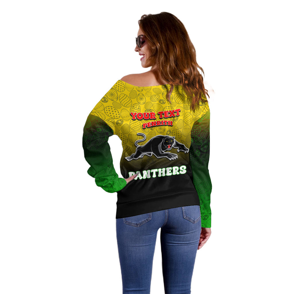 Personalized Penrith Panthers Off Shoulder Sweater Easter Mascot - Colorful Eggs Cartoon Style