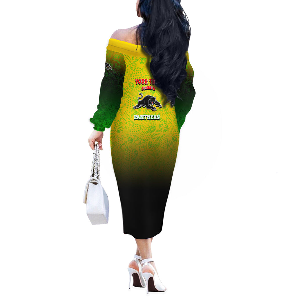Personalized Penrith Panthers Off The Shoulder Long Sleeve Dress Easter Mascot - Colorful Eggs Cartoon Style