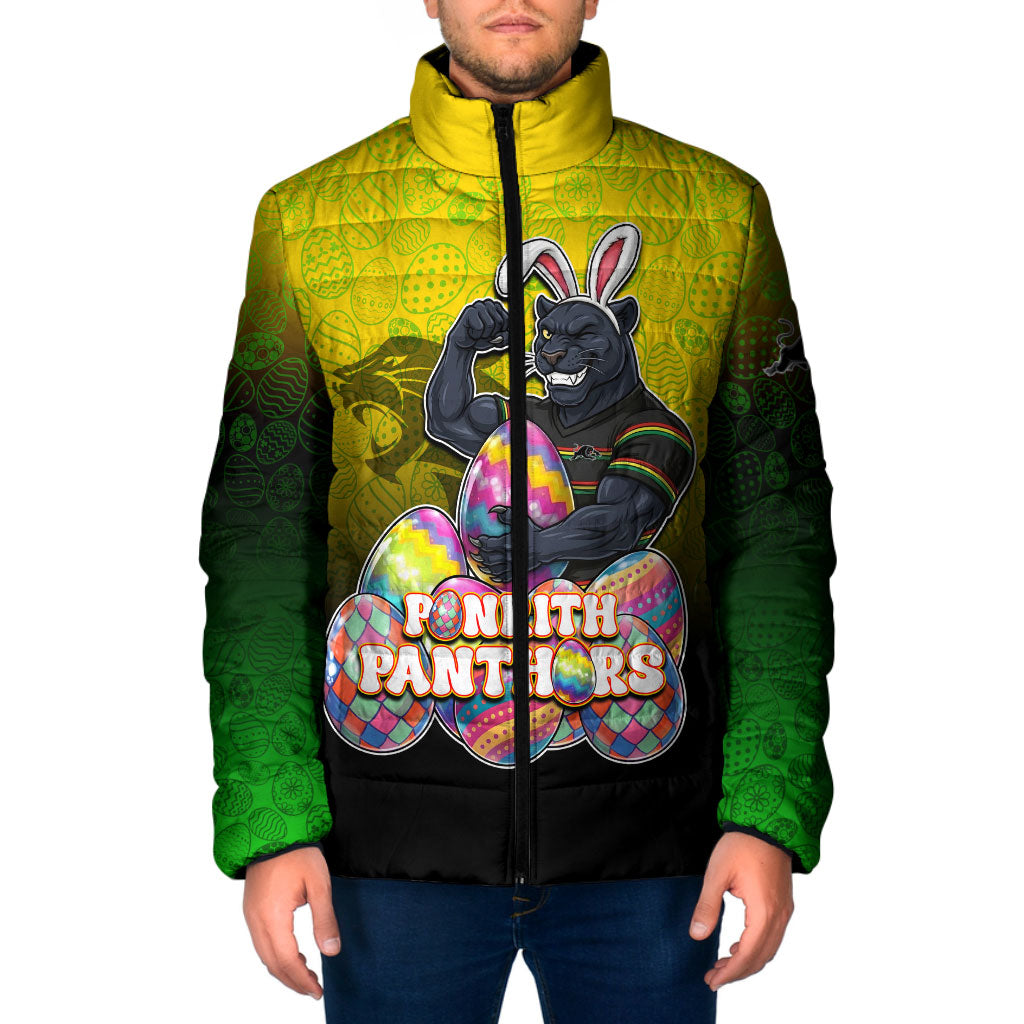 Personalized Penrith Panthers Padded Jacket Easter Mascot - Colorful Eggs Cartoon Style