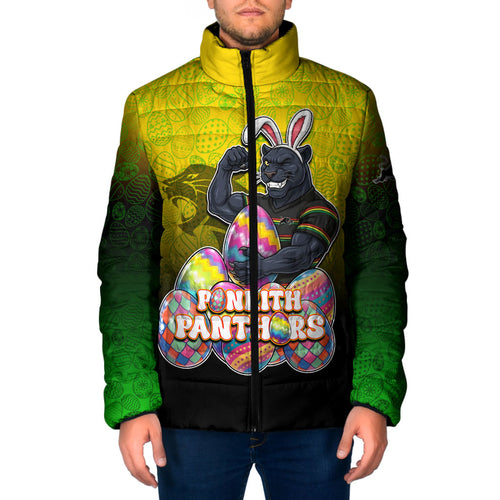 Personalized Penrith Panthers Padded Jacket Easter Mascot - Colorful Eggs Cartoon Style
