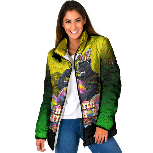 Personalized Penrith Panthers Padded Jacket Easter Mascot - Colorful Eggs Cartoon Style