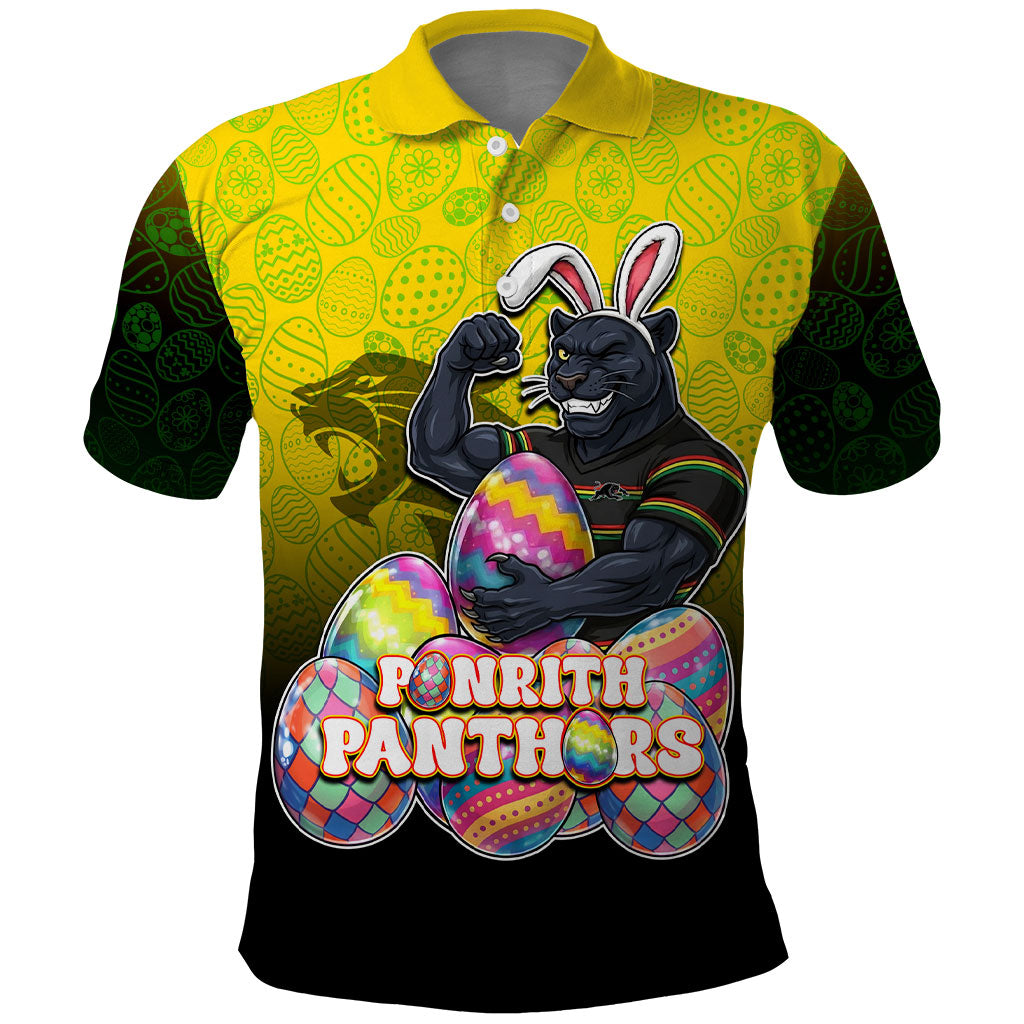 Personalized Penrith Panthers Polo Shirt Easter Mascot - Colorful Eggs Cartoon Style