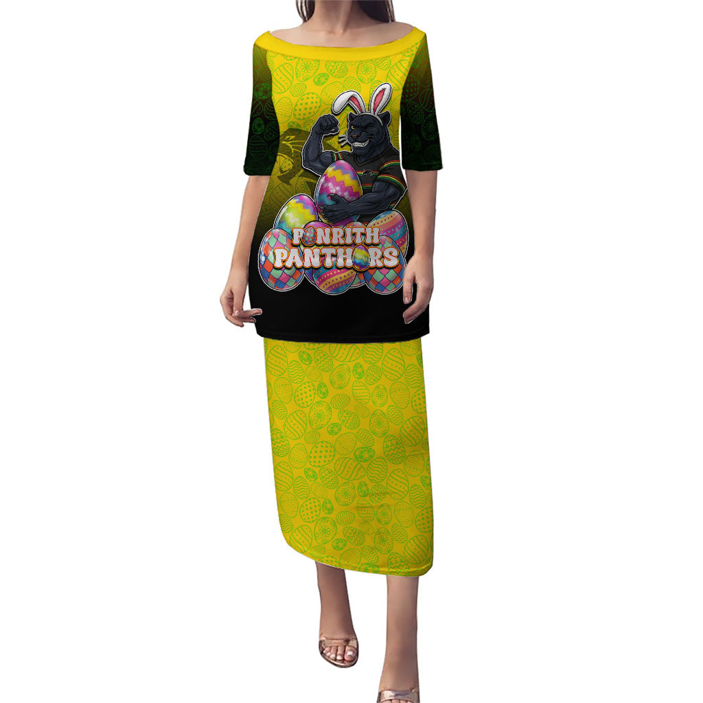 Personalized Penrith Panthers Puletasi Easter Mascot - Colorful Eggs Cartoon Style