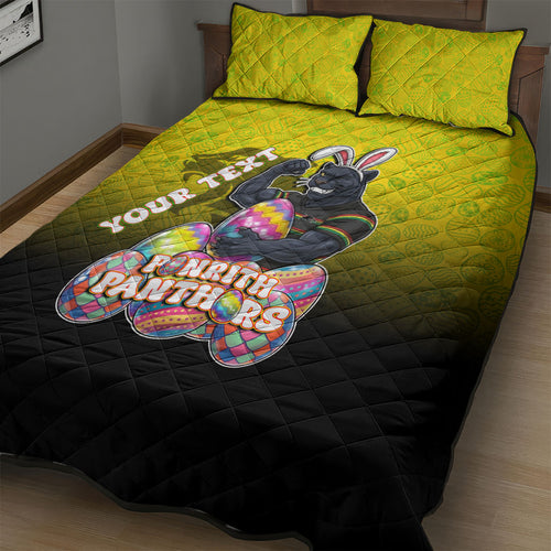 Personalized Penrith Panthers Quilt Bed Set Easter Mascot - Colorful Eggs Cartoon Style