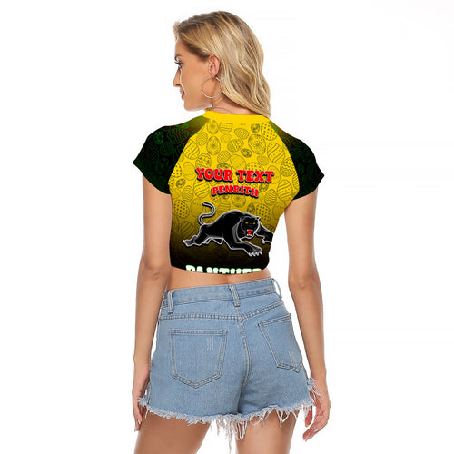 Personalized Penrith Panthers Raglan Cropped T Shirt Easter Mascot - Colorful Eggs Cartoon Style