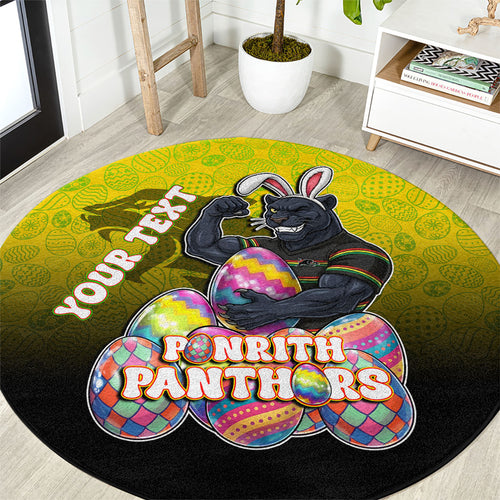 Personalized Penrith Panthers Round Carpet Easter Mascot - Colorful Eggs Cartoon Style