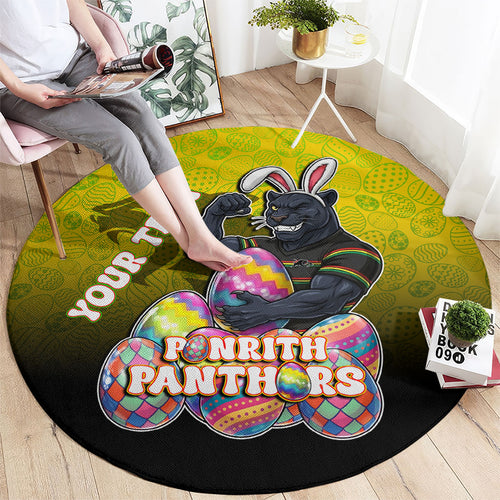Personalized Penrith Panthers Round Carpet Easter Mascot - Colorful Eggs Cartoon Style