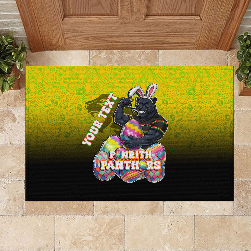 Personalized Penrith Panthers Rubber Doormat Easter Mascot - Colorful Eggs Cartoon Style
