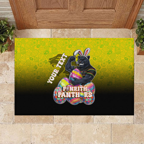 Personalized Penrith Panthers Rubber Doormat Easter Mascot - Colorful Eggs Cartoon Style