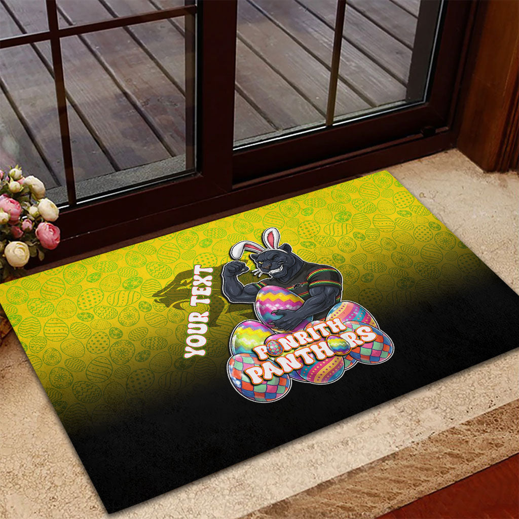 Personalized Penrith Panthers Rubber Doormat Easter Mascot - Colorful Eggs Cartoon Style