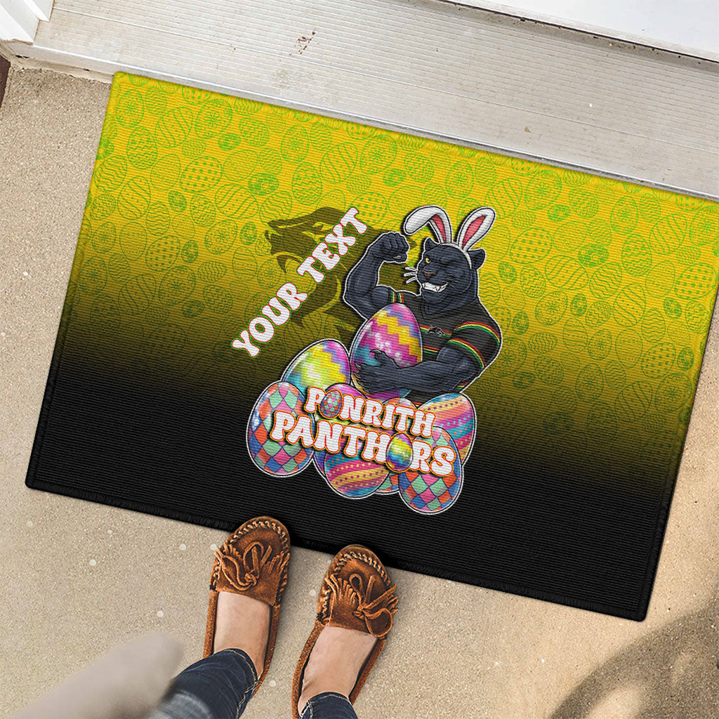 Personalized Penrith Panthers Rubber Doormat Easter Mascot - Colorful Eggs Cartoon Style