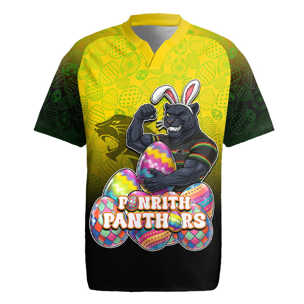 Personalized Penrith Panthers Rugby Jersey Easter Mascot - Colorful Eggs Cartoon Style