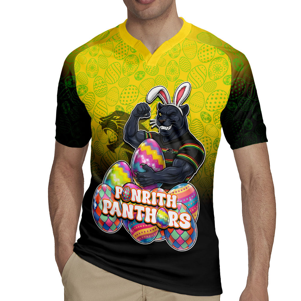 Personalized Penrith Panthers Rugby Jersey Easter Mascot - Colorful Eggs Cartoon Style