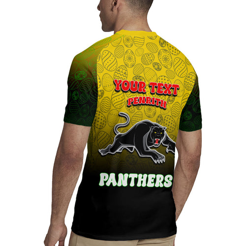 Personalized Penrith Panthers Rugby Jersey Easter Mascot - Colorful Eggs Cartoon Style