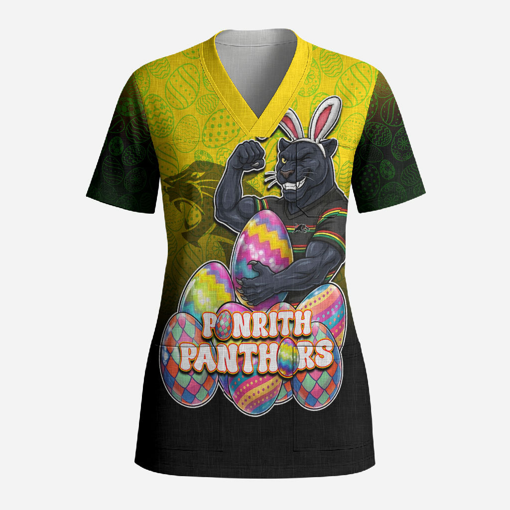 Personalized Penrith Panthers Scrub Top Easter Mascot - Colorful Eggs Cartoon Style