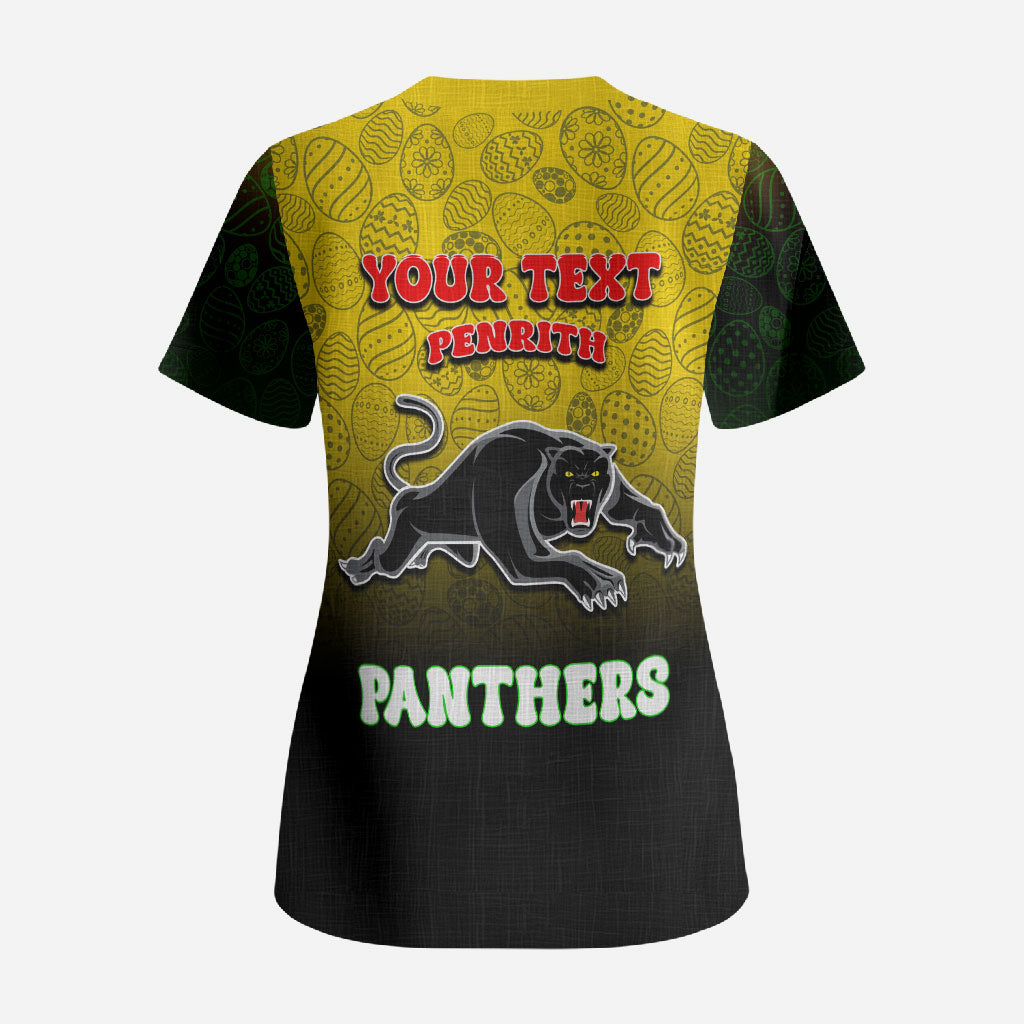 Personalized Penrith Panthers Scrub Top Easter Mascot - Colorful Eggs Cartoon Style
