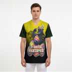Personalized Penrith Panthers Scrub Top Easter Mascot - Colorful Eggs Cartoon Style