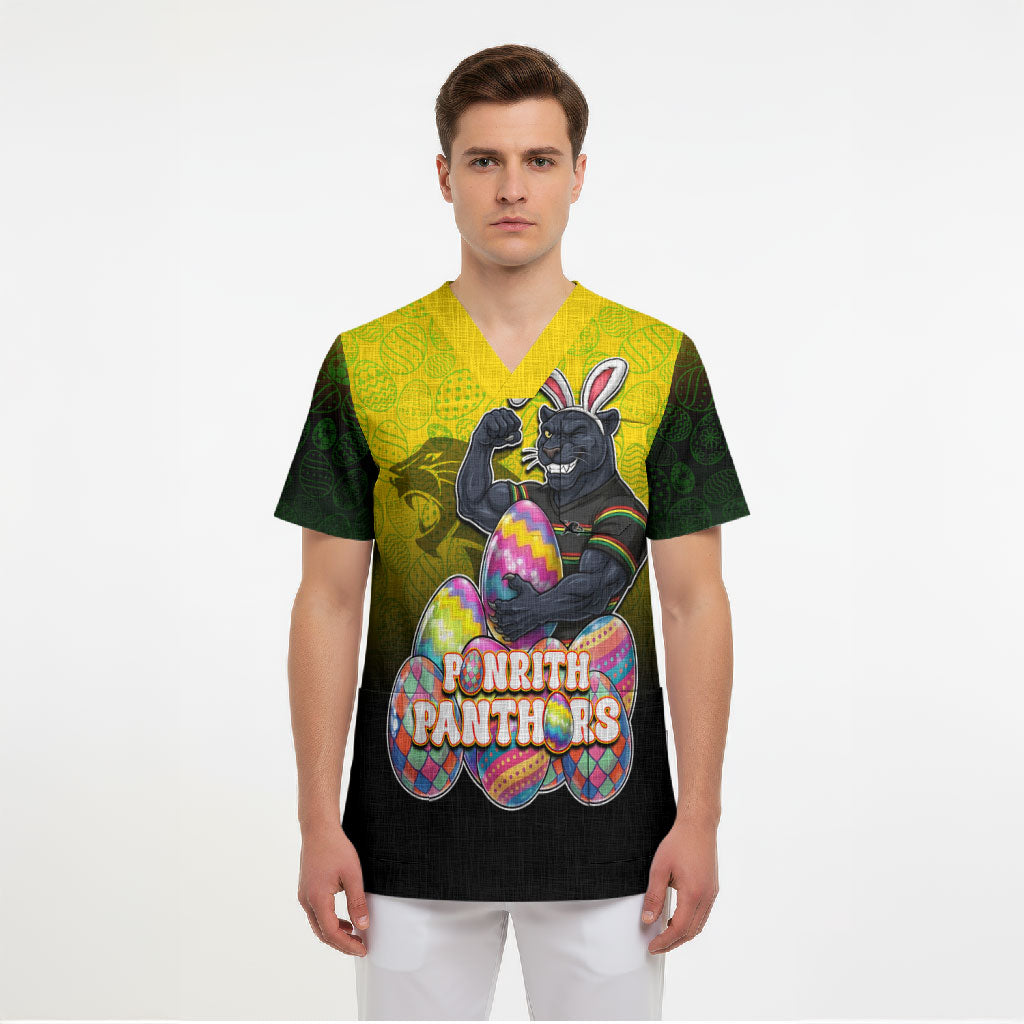 Personalized Penrith Panthers Scrub Top Easter Mascot - Colorful Eggs Cartoon Style