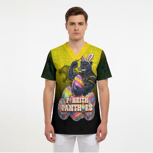 Personalized Penrith Panthers Scrub Top Easter Mascot - Colorful Eggs Cartoon Style