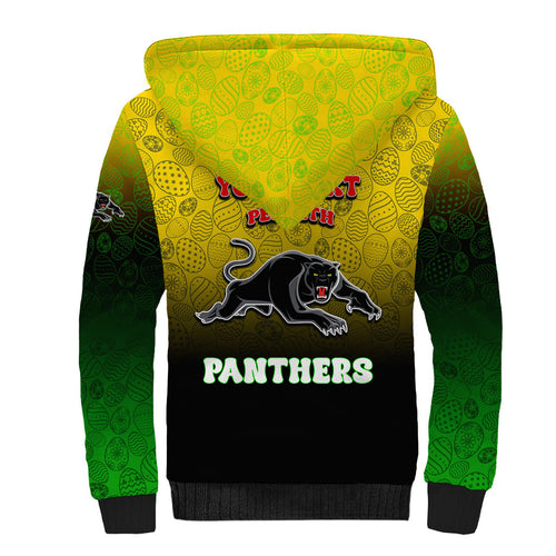Personalized Penrith Panthers Sherpa Hoodie Easter Mascot - Colorful Eggs Cartoon Style