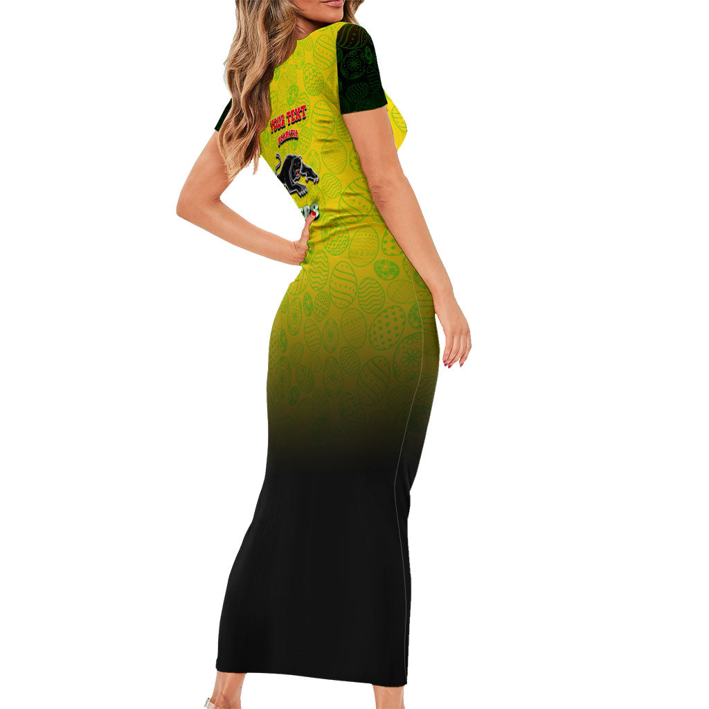 Personalized Penrith Panthers Short Sleeve Bodycon Dress Easter Mascot - Colorful Eggs Cartoon Style