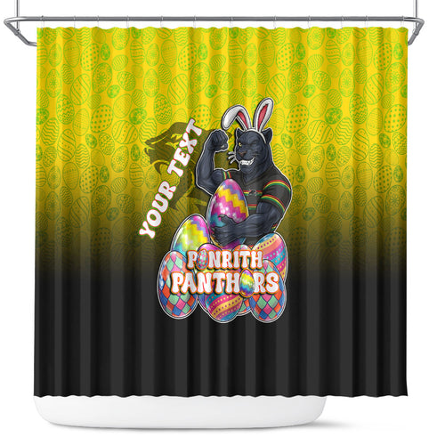 Personalized Penrith Panthers Shower Curtain Easter Mascot - Colorful Eggs Cartoon Style