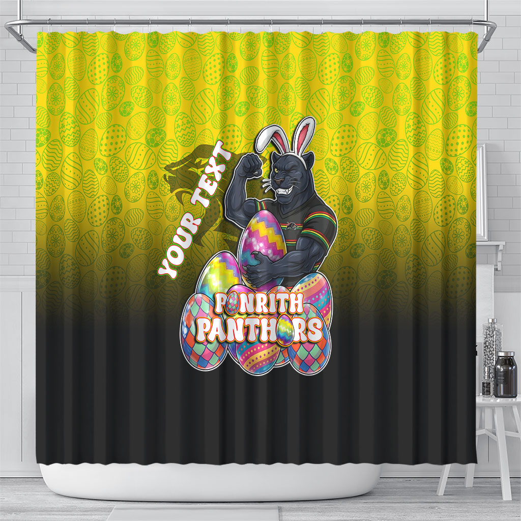 Personalized Penrith Panthers Shower Curtain Easter Mascot - Colorful Eggs Cartoon Style
