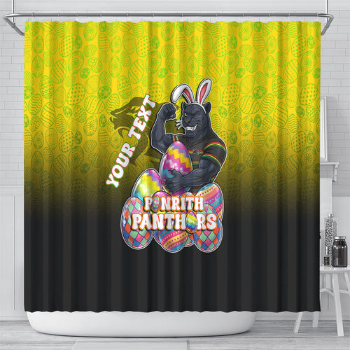 Personalized Penrith Panthers Shower Curtain Easter Mascot - Colorful Eggs Cartoon Style