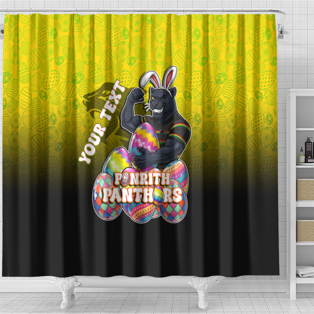 Personalized Penrith Panthers Shower Curtain Easter Mascot - Colorful Eggs Cartoon Style