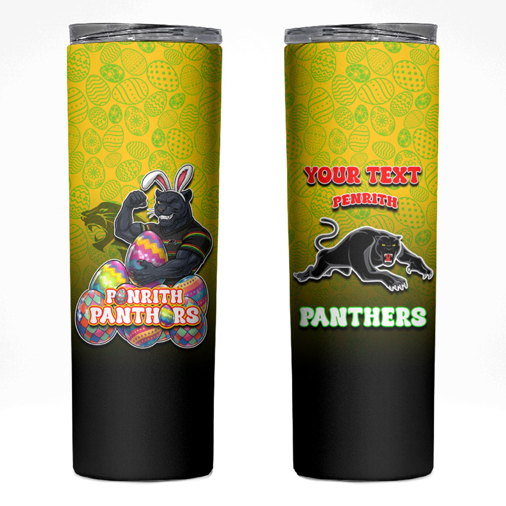 Personalized Penrith Panthers Skinny Tumbler Easter Mascot - Colorful Eggs Cartoon Style